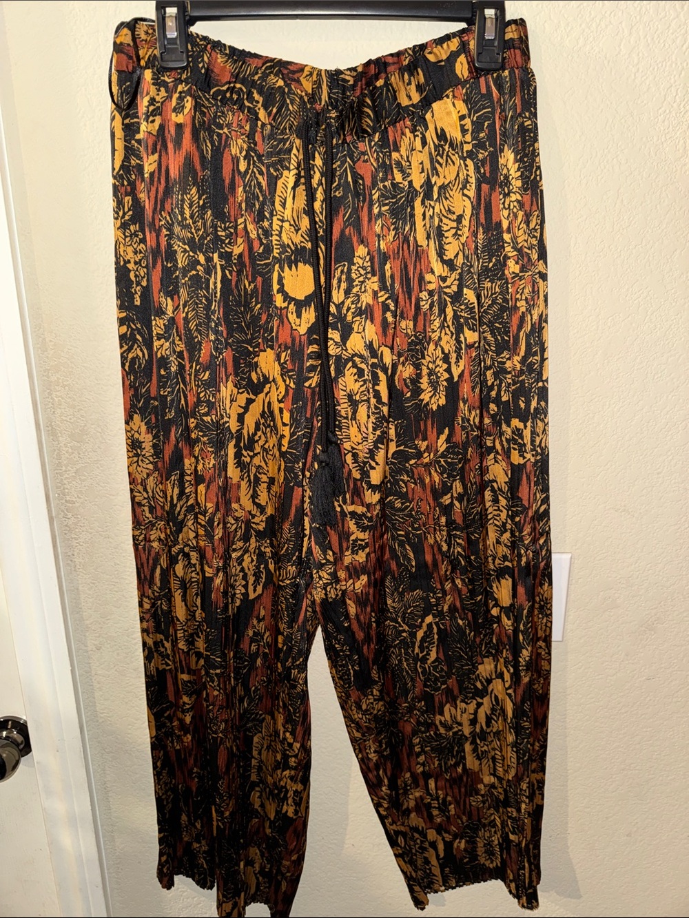 Sunny Leigh Black Floral Cropped Drawstring Pants with Mustard & Rust